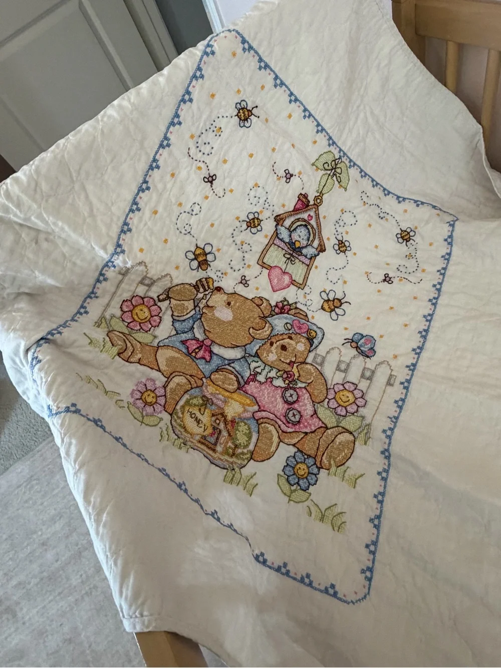 Children's White Quilted Bedding with Pastel Bear Embroidery